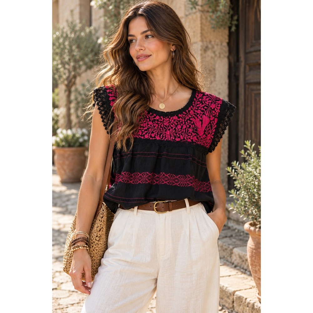 Women's Black Pink Embroidered Boho Blouse Floral Crochet Lace Peasant Top